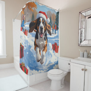 Bluetick Coonhound Running in Snow with Christmas Shower Curtain