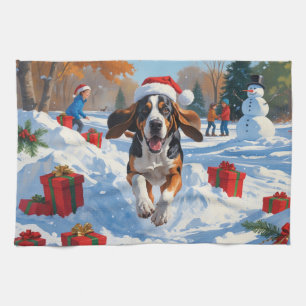 Bluetick Coonhound Running in Snow with Christmas  Tea Towel