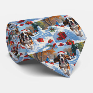 Bluetick Coonhound Running in Snow with Christmas  Tie