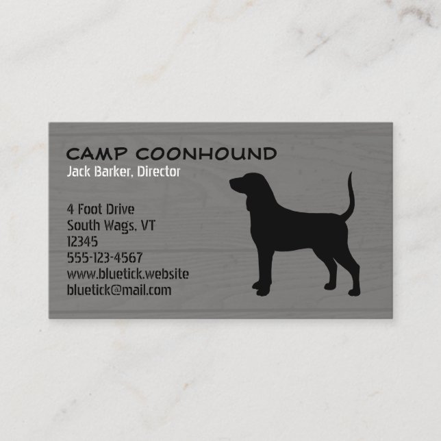 Bluetick Coonhound Silhouette on Wood Style Business Card (Front)