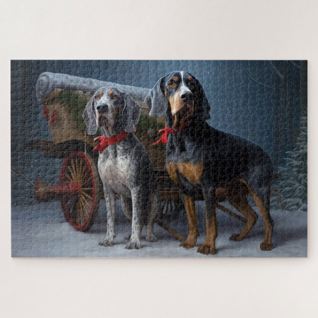 Bluetick Coonhound Snowy Sleigh Christmas Decor  Jigsaw Puzzle (Horizontal)