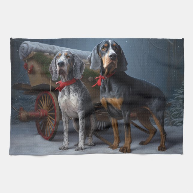 Bluetick Coonhound Snowy Sleigh Christmas Decor  Tea Towel (Horizontal)