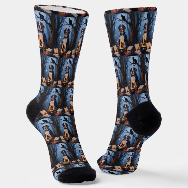 Bluetick Coonhound Whimsical Halloween Painting Socks (Angled)