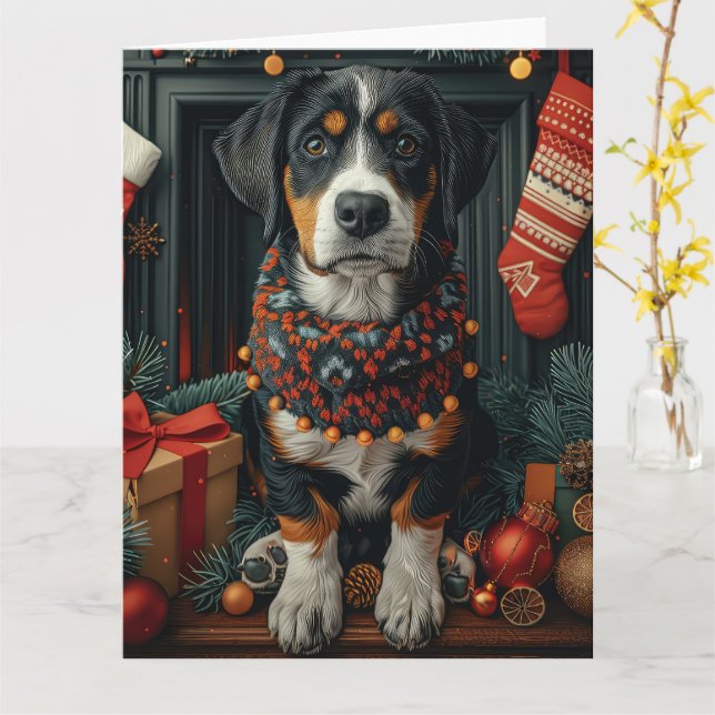 Bluetick Coonhound with Christmas Gifts Fireplace Card (Yellow Flower)