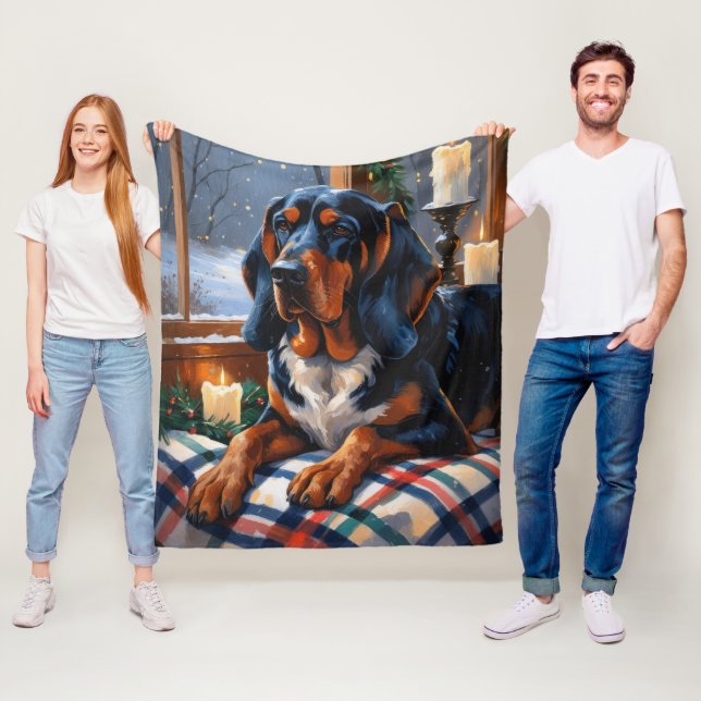 Bluetick Coonhound With Christmas Lights Holiday Fleece Blanket (In Situ)