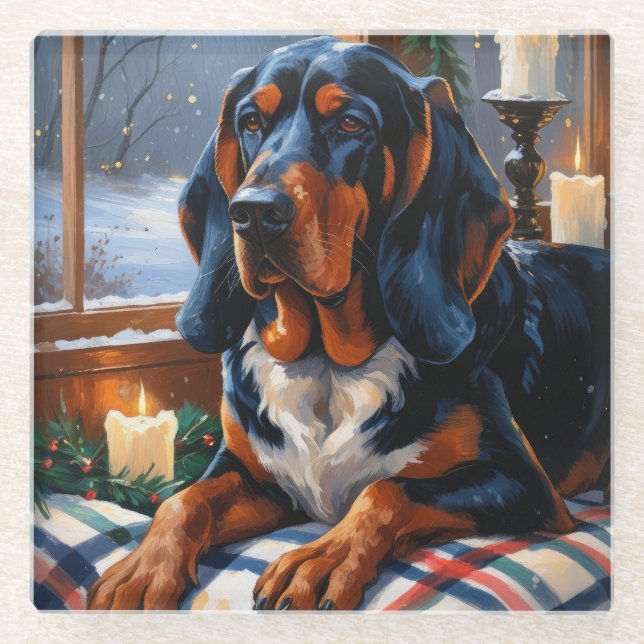 Bluetick Coonhound With Christmas Lights Holiday Glass Coaster (Front)