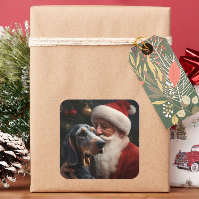 Bluetick Coonhound With Santa Claus Christmas Square Sticker (Holiday)