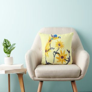 Bluetit, Yellow Sunflowers Art, Floral Cushion
