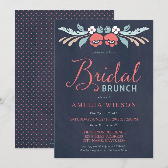Bluish Chalkboard Floral Bridal Brunch Invitation (Front/Back)