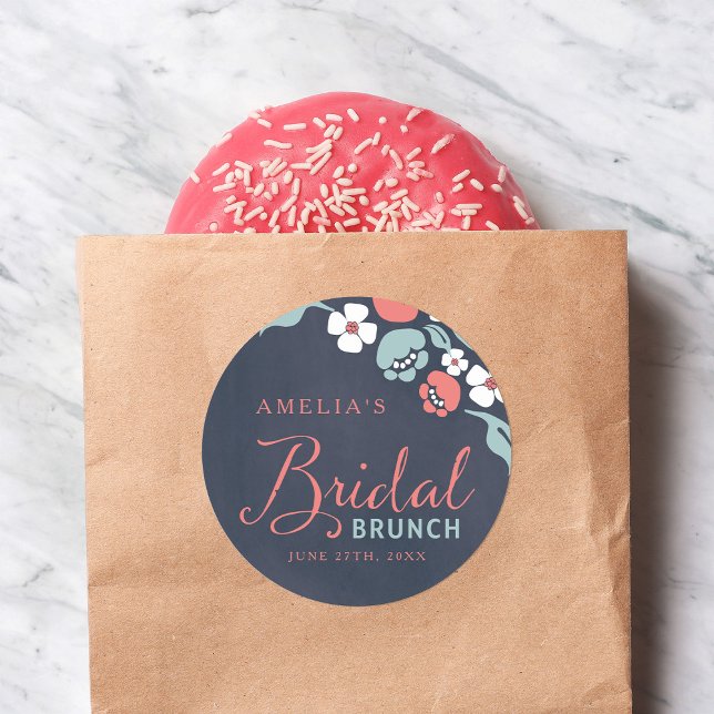 Bluish Chalkboard Floral Bridal Brunch Round Classic Round Sticker (Creator Uploaded)
