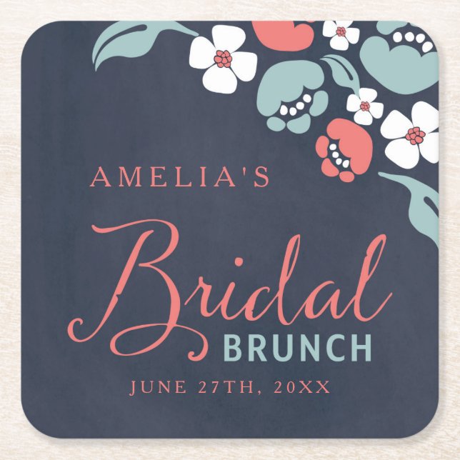 Bluish Chalkboard Floral Bridal Brunch Square Paper Coaster (Front)