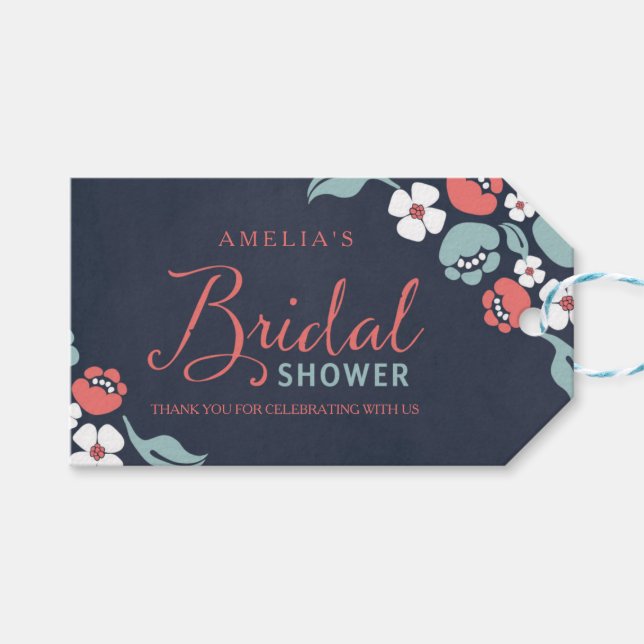 Bluish Chalkboard Floral Bridal Shower Gift Tag (Front (Horizontal))