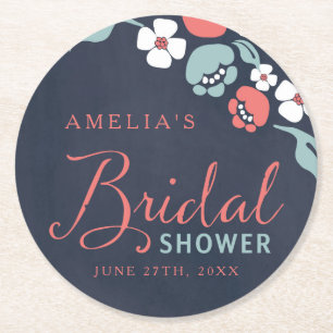 Bluish Chalkboard Floral Bridal Shower Round Paper Coaster