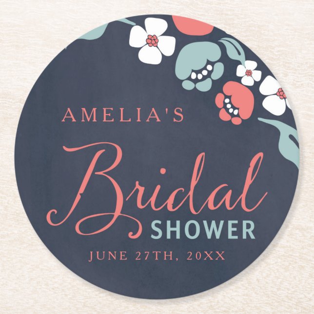 Bluish Chalkboard Floral Bridal Shower Round Round Paper Coaster (Front)