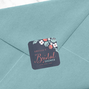 Bluish Chalkboard Floral Bridal Shower Square Sticker