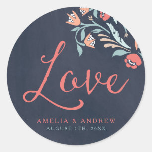 Bluish Chalkboard Floral Love Wedding Round Classic Round Sticker