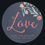 Bluish Chalkboard Floral Love Wedding Round Classic Round Sticker<br><div class="desc">This wedding Love round sticker features beautiful floral against a bluish chalkboard background with the word "Love" in modern script font. Use it to seal your Wedding envelopes or for decoration. Check out the Wedding Invitation and other matching wedding items in my collection here -> http://www.zazzle.com/collections/bluish_chalkboard_floral_bridal_and_wedding-119872540777216768?rf=238364477188679314 Personalise it with your...</div>