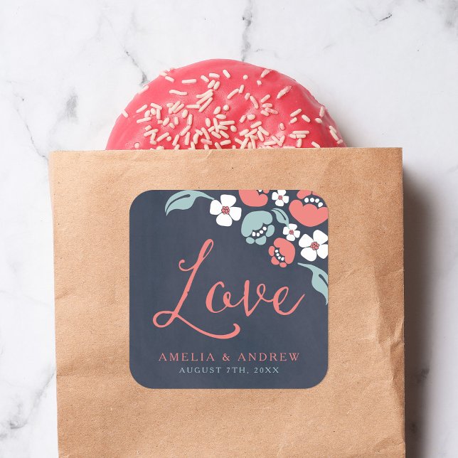Bluish Chalkboard Floral Love Wedding Square Sticker (Creator Uploaded)