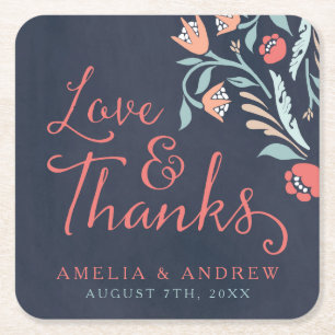 Bluish Chalkboard Floral Wedding Love and Thanks Square Paper Coaster