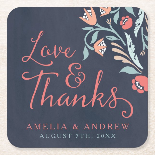 Bluish Chalkboard Floral Wedding Love and Thanks Square Paper Coaster (Front)