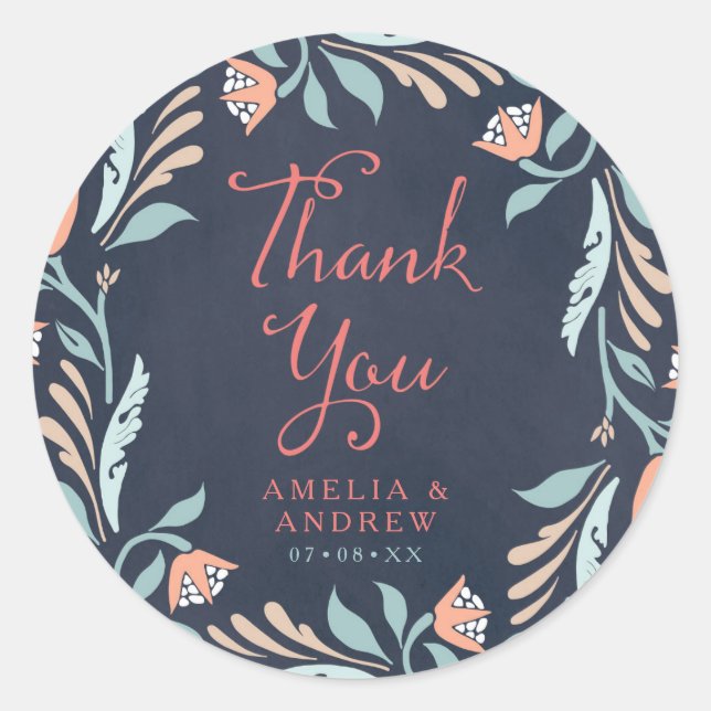 Bluish Chalkboard Floral Wedding Thank You Classic Round Sticker (Front)