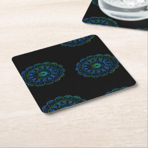 Bluish green mandala square paper coaster