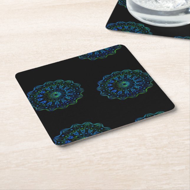 Bluish green mandala square paper coaster (Angled)