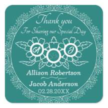 Bluish Green & White Wedding classic round sticker