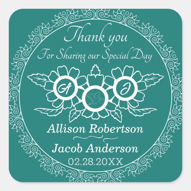 Bluish Green & White Wedding classic round sticker (Front)