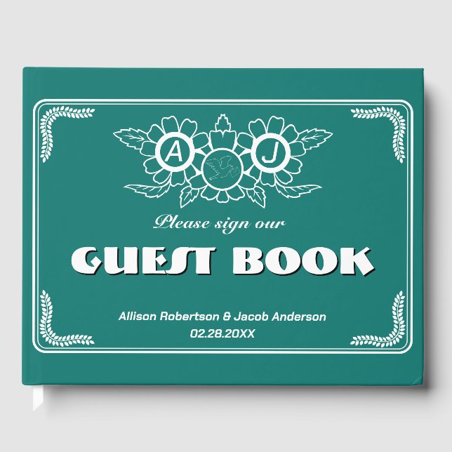 Bluish Green & White Wedding Guest Book (Front)
