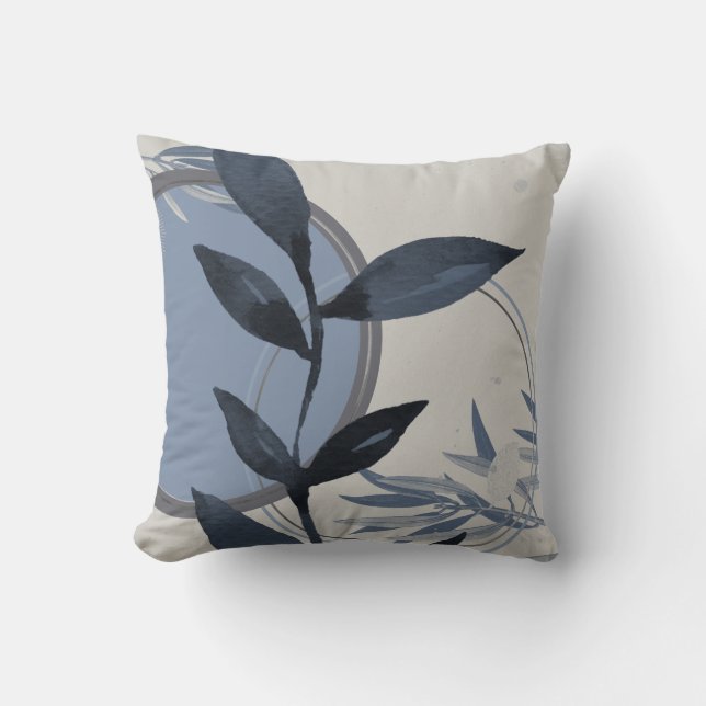 Bluish Grey Abstract Watercolor Leaf Cushion (Front)