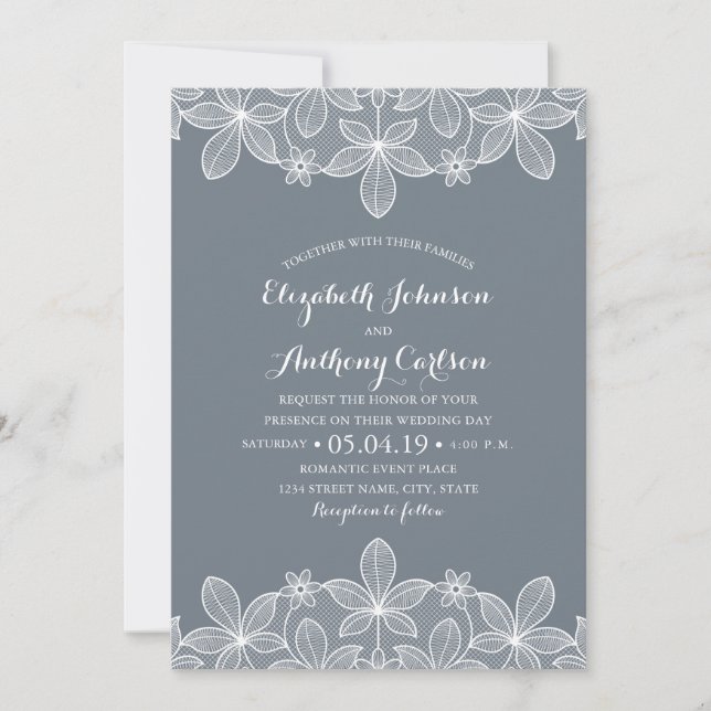 Bluish Grey Elegant Vintage Lace Luxury Wedding Invitation (Front)