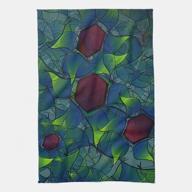 Bluish notched virtual leafy with dark red hexagon tea towel (Vertical)