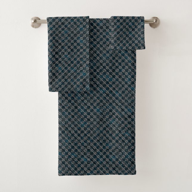 Bluish weird checkered or slanted stripes, dotted bath towel set (Insitu)