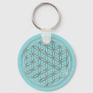 Blume des Lebens / Flower Of Life silver cyan Key Ring