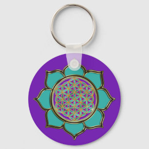 Blume des Lebens Lotus - türkis / purple Key Ring