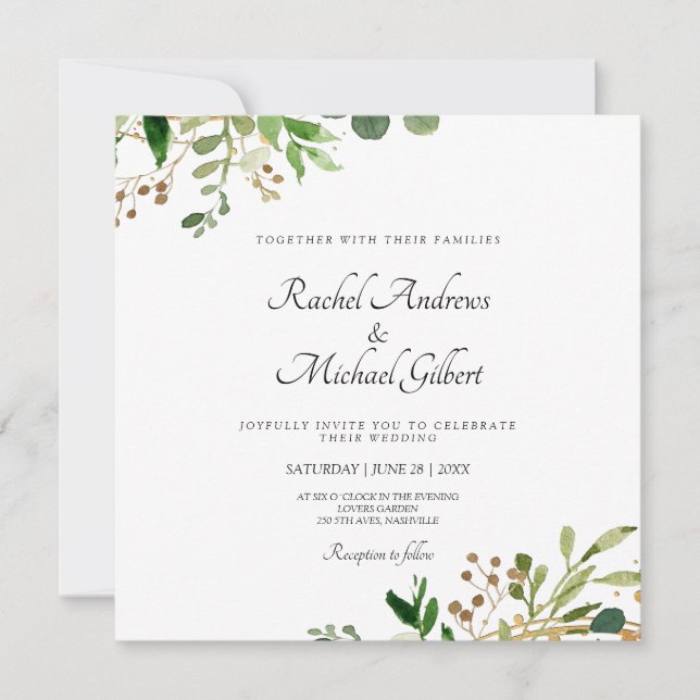 Blumen Grün Gold Einladung Holiday Card (Front)