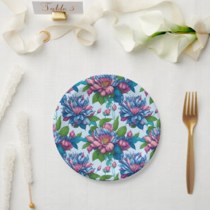 Blumenmuster: Dahlien in Blau/Rosa - Paper Plate