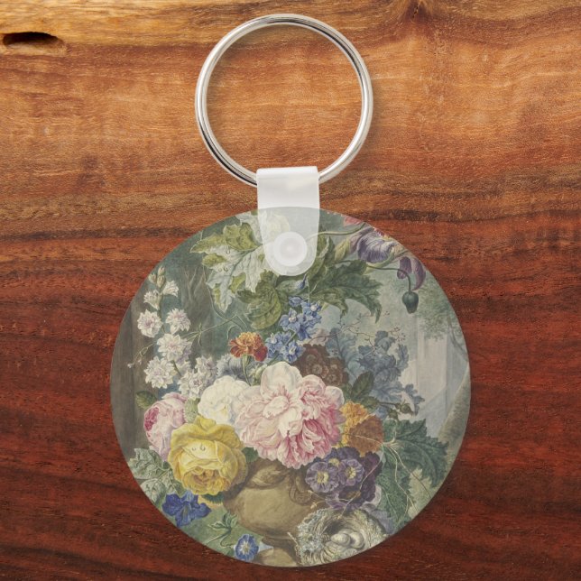 Blumenstrauß in einer Vase mit Vogelnest Key Ring (Front)