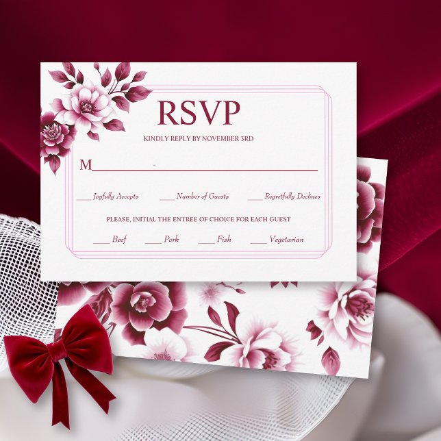 Blurgundy floral arrangement triple border wedding RSVP card (Creator Uploaded)