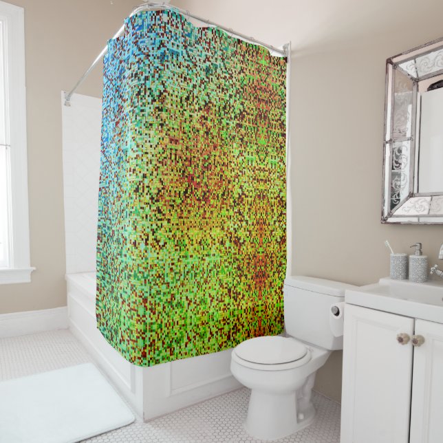 Blurred green and brown small squares or tile shower curtain (In Situ)