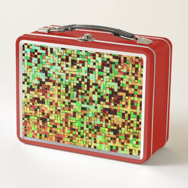 Blurred green and orange small squares or tile metal lunch box (Front)