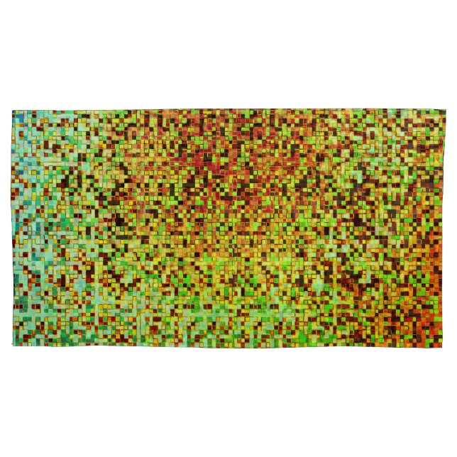 Blurred green and orange small squares or tile pillowcase (Front-Left)