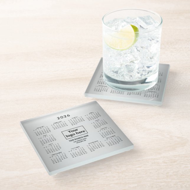 Blurred Grey Background Custom Logo 2026 Calendar Glass Coaster (Angled)