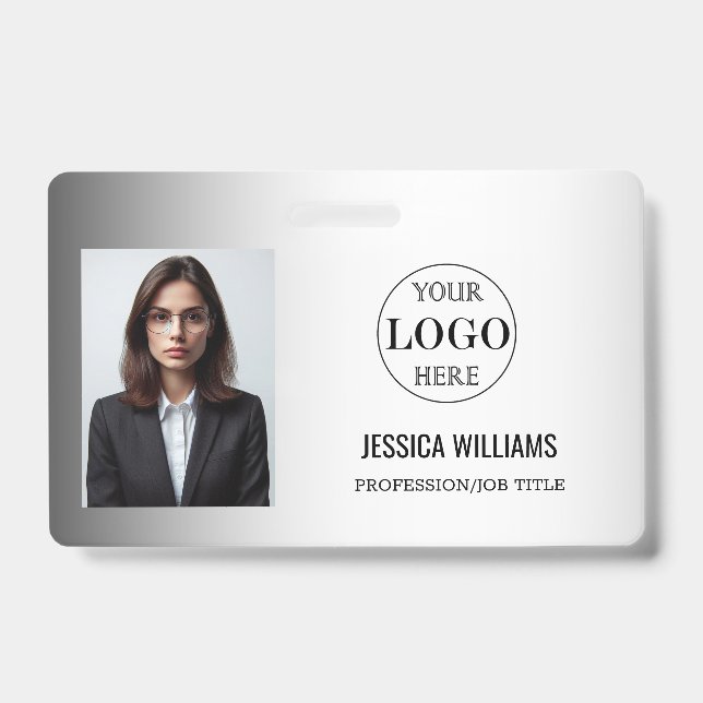 Blurred Grey Background Custom Logo Business ID Badge (Front)