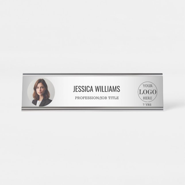 Blurred Grey Background Custom Logo Desk Name Plate (Front)
