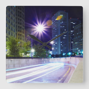 Blurred Traffic at Night Square Wall Clock