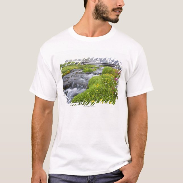 Blurry River with Yellow White Pink Wildflowers T-Shirt (Front)