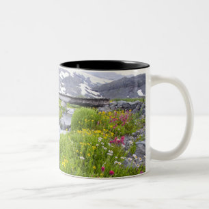 Blurry River with Yellow White Pink Wildflowers Two-Tone Coffee Mug