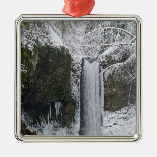 Blurry Waterfall Surrounded by a Snowy Forest Metal Tree Decoration (Front)